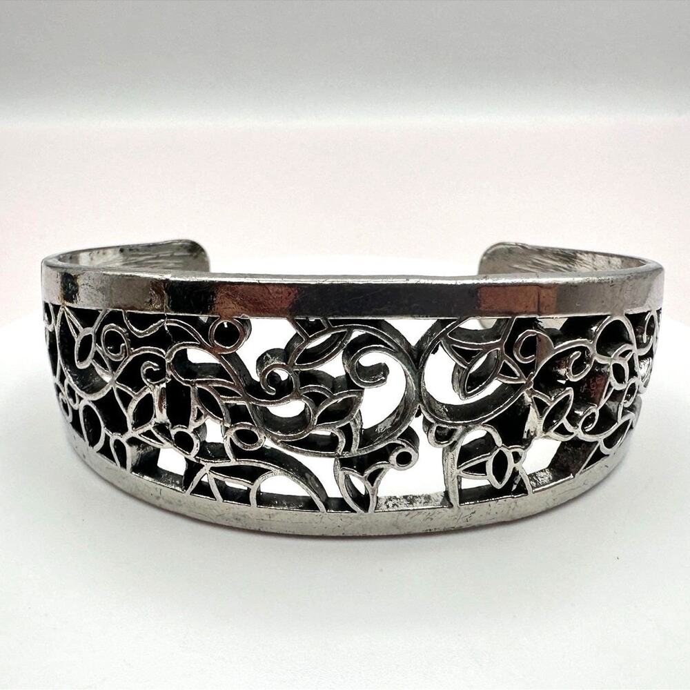 Vintage 90s Silver Tone Filigree Ornate Openwork Wide Cuff Bracelet Jewelry Y2K